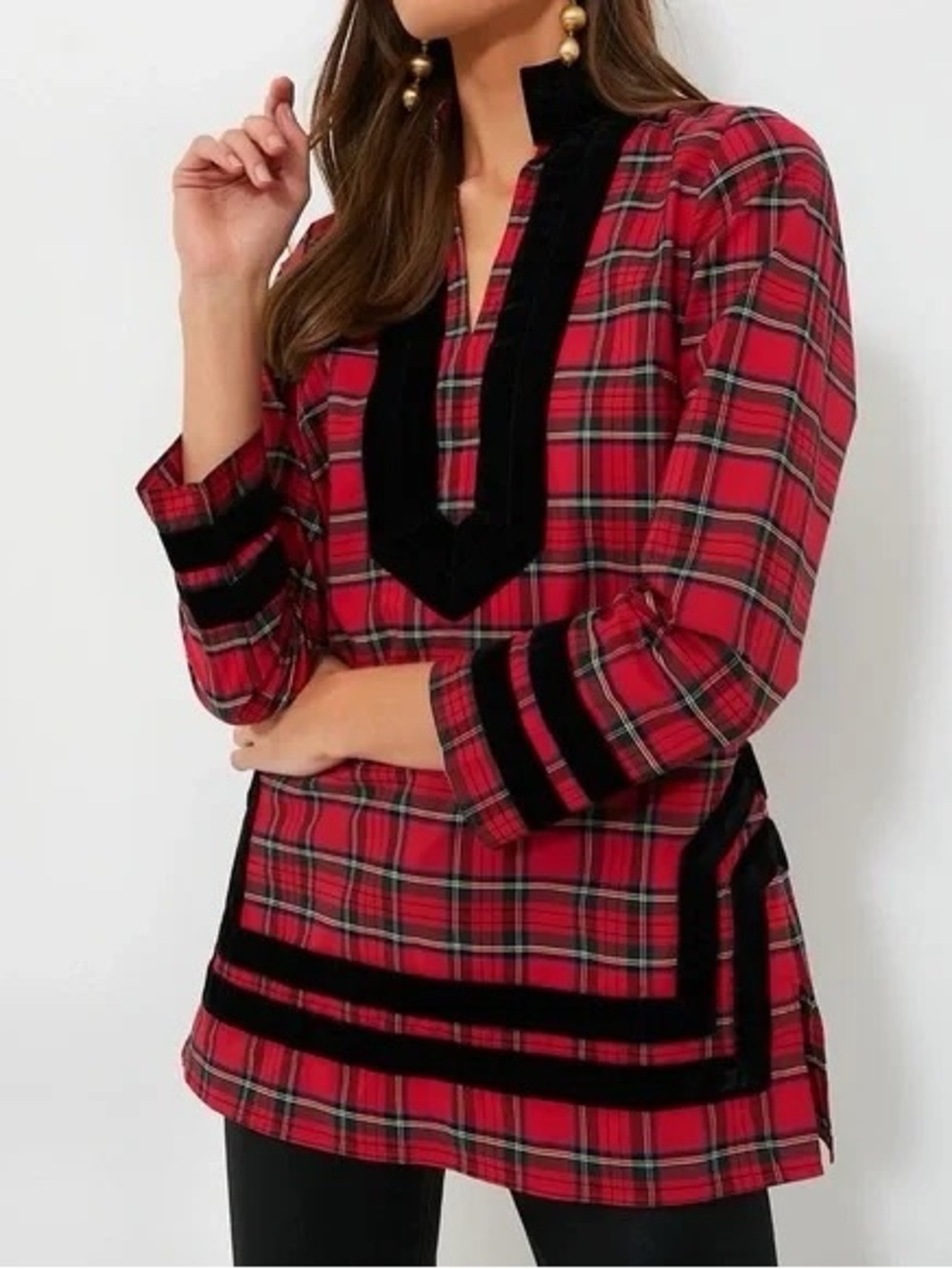 Sail to Sable Red Plaid Tunic with Black Velvet Trim
